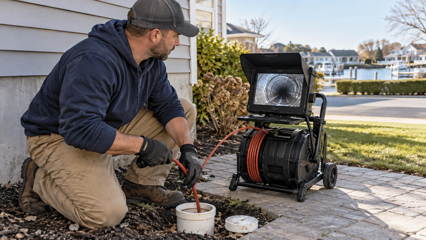 Sewer camera inspection by a plumber in Massapequa, NY.