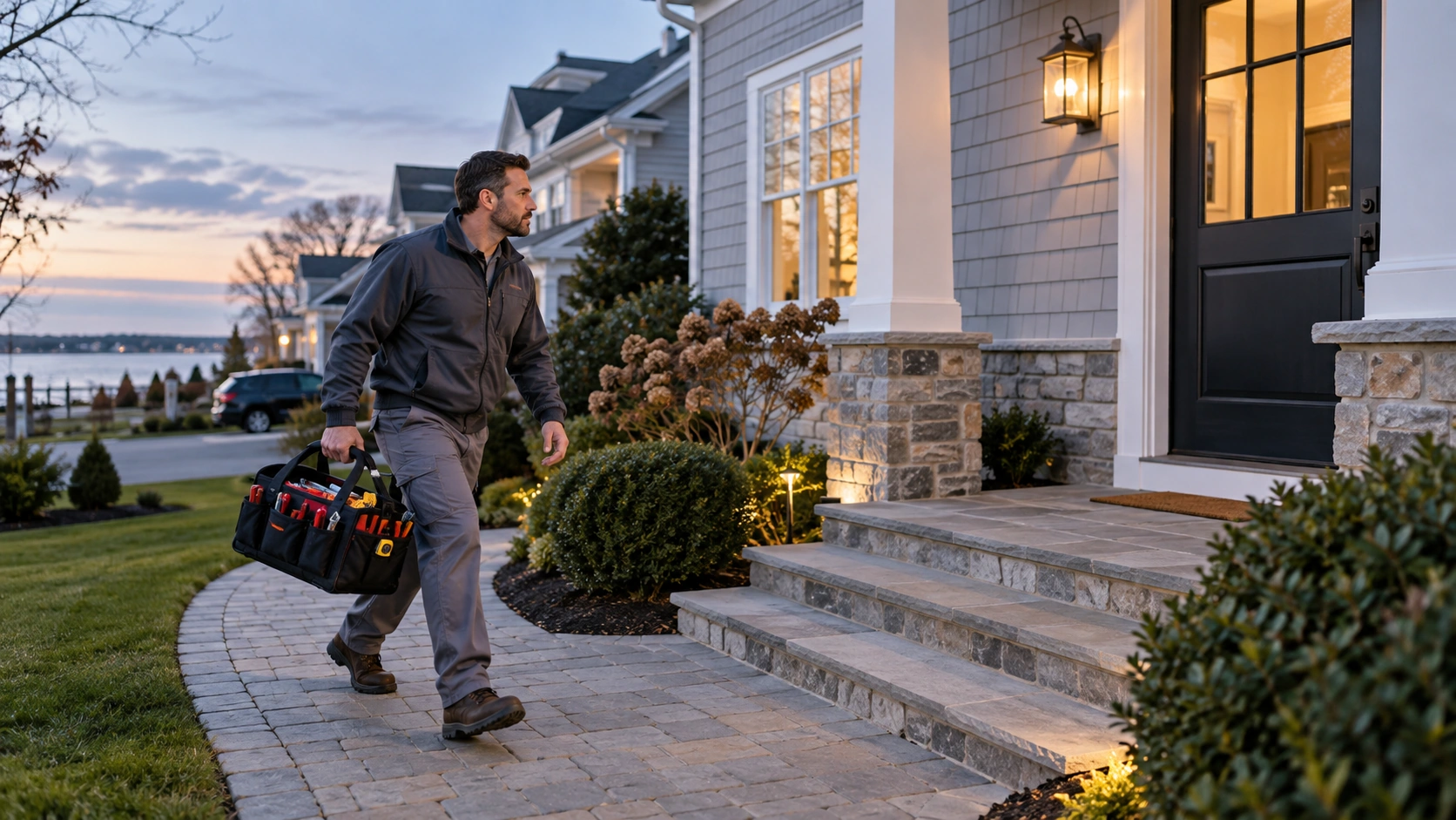 Emergency plumber arriving for a residential service call.