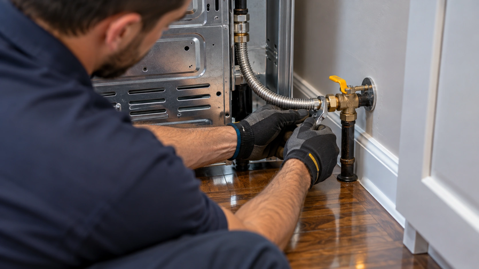 Gas range connection by a plumber.