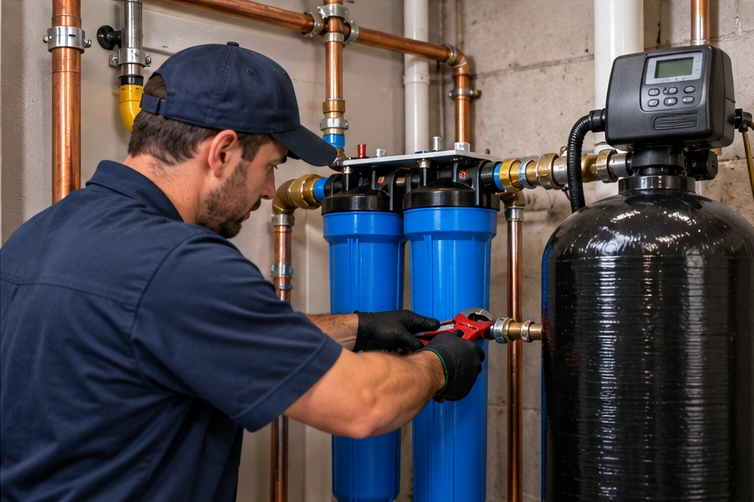 Local plumber arriving for home service in North Amityville, NY.