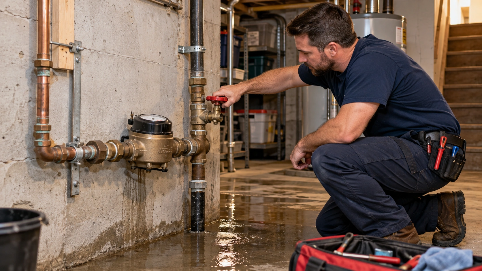 Plumber shutting off water during a burst pipe emergency.
