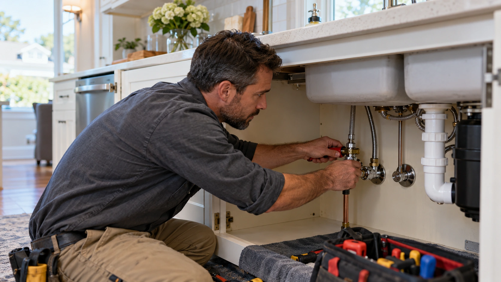 Plumber repairing kitchen plumbing in Massapequa, NY.
