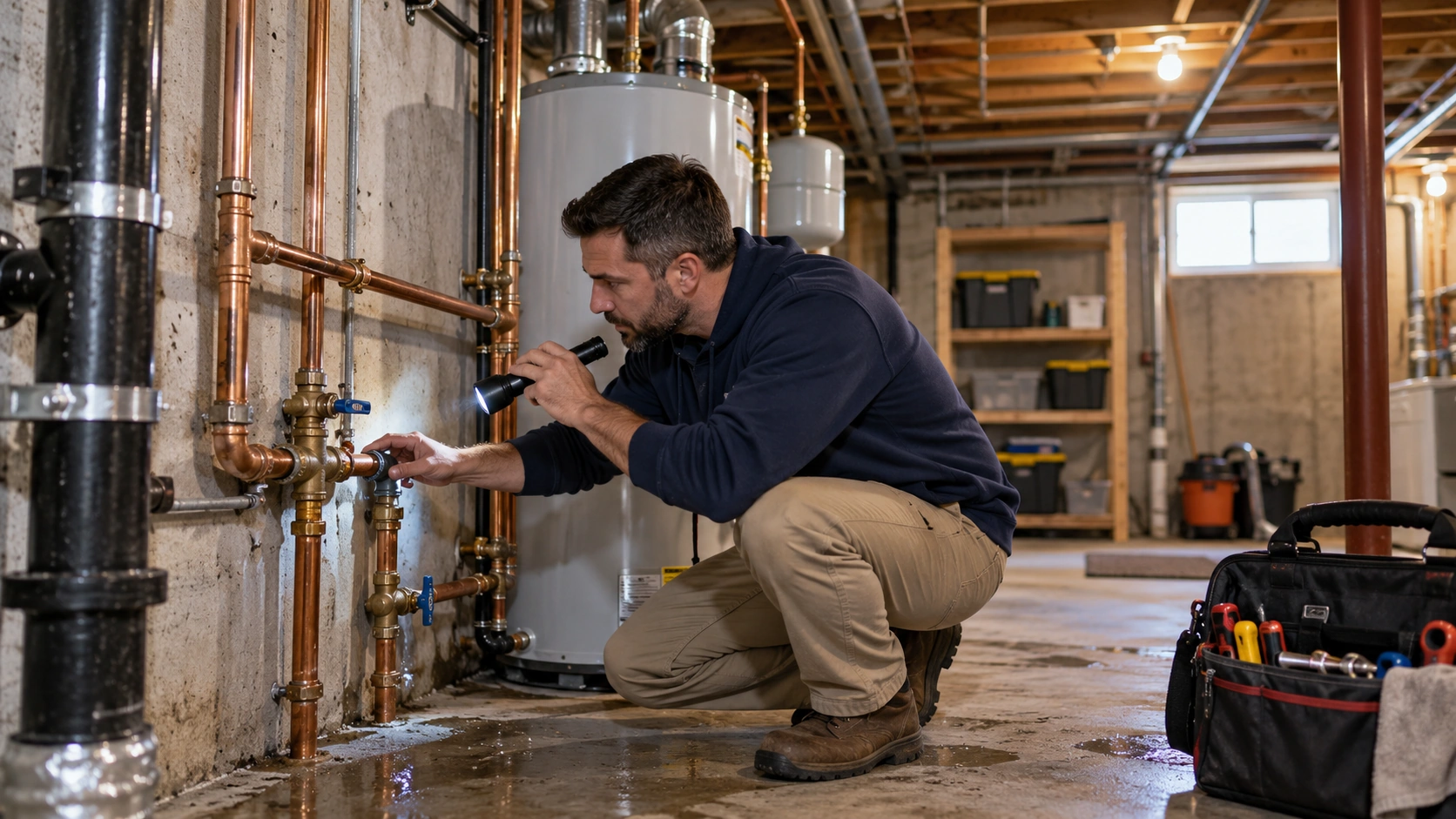 Plumbing inspection after emergency water extraction.