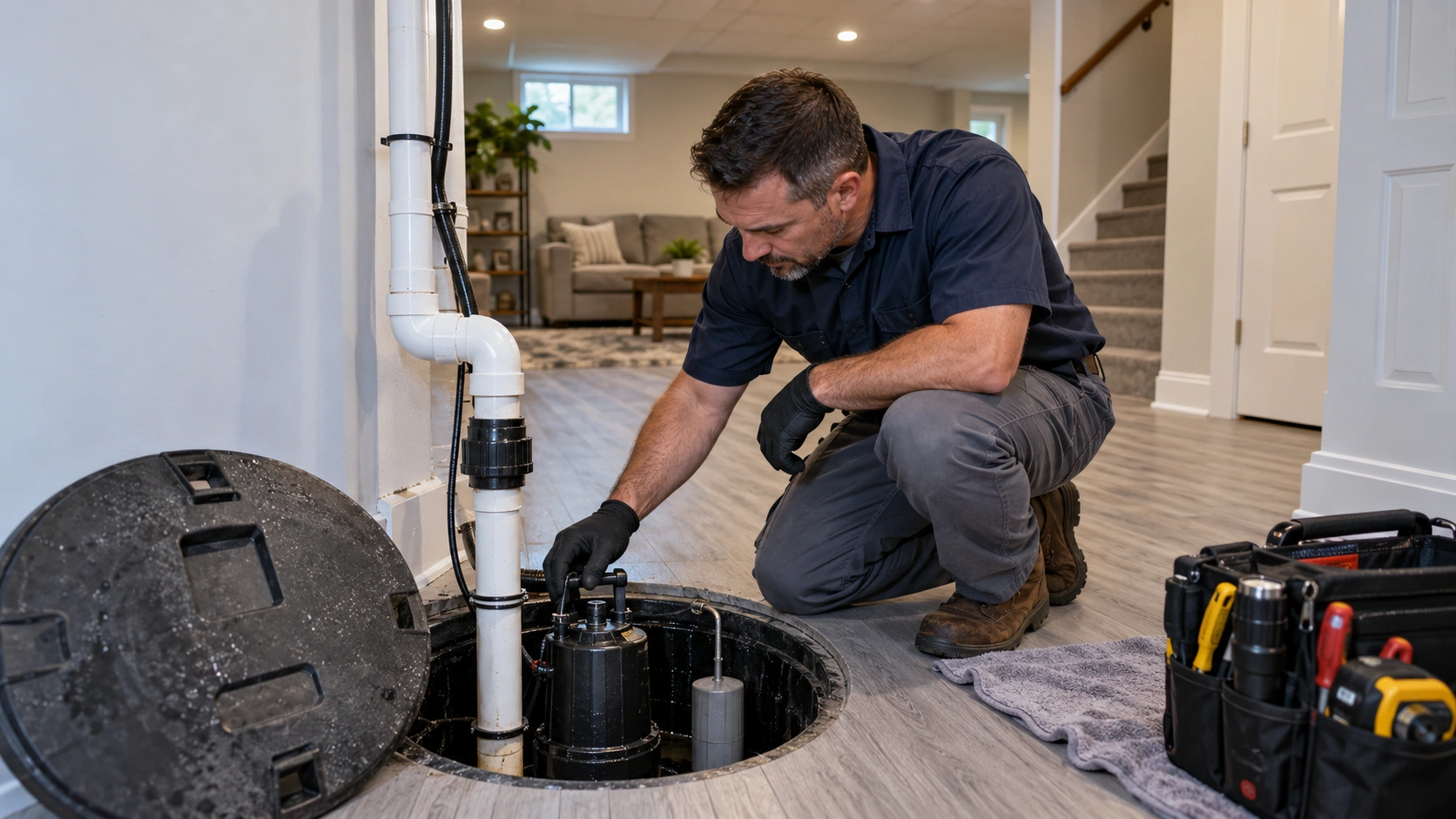 Sump pump inspection for basement flood protection in Massapequa, NY.