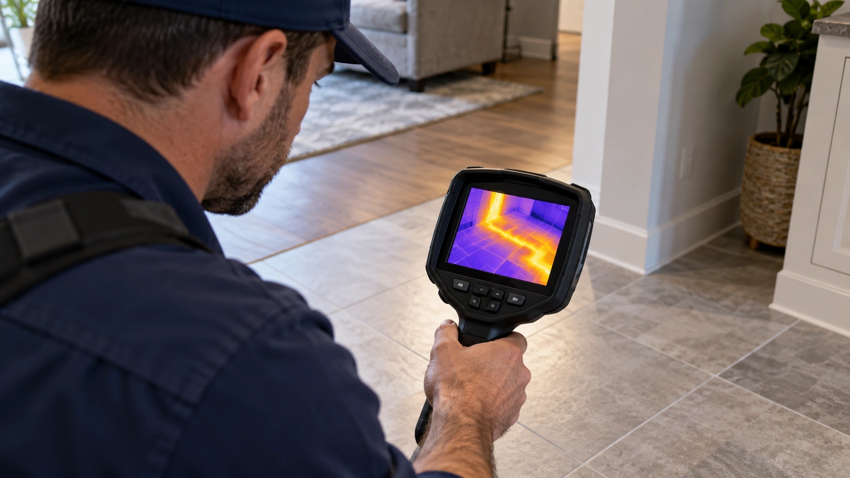 Thermal inspection for a hidden slab leak.